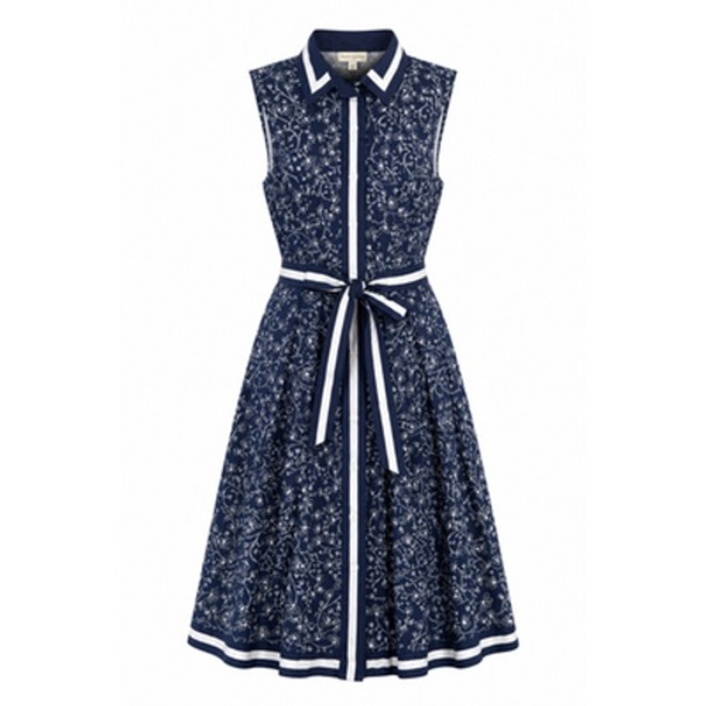 Maison Jules Dress Womens Medium Blue Floral Shirt Fit & Flare Belted Pockets